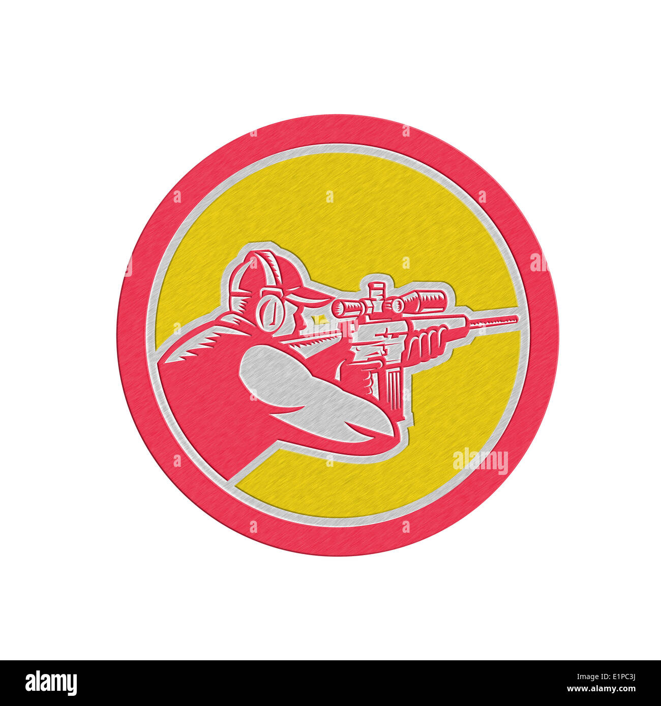 In stile metallico illustrazione di un tiratore hunter cannocchiale di puntamento telescopico viewded fucile da lato impostato all'interno cirlce fatto in r Foto Stock