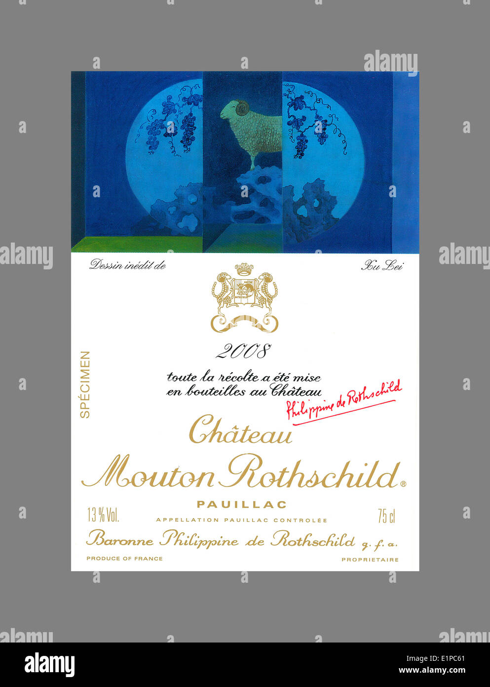 Bottiglia di vino etichetta per uno dei più grandi vini di Bordeaux Château Mouton Rothschild 2008 Pauillac rosso vino di Bordeaux Foto Stock