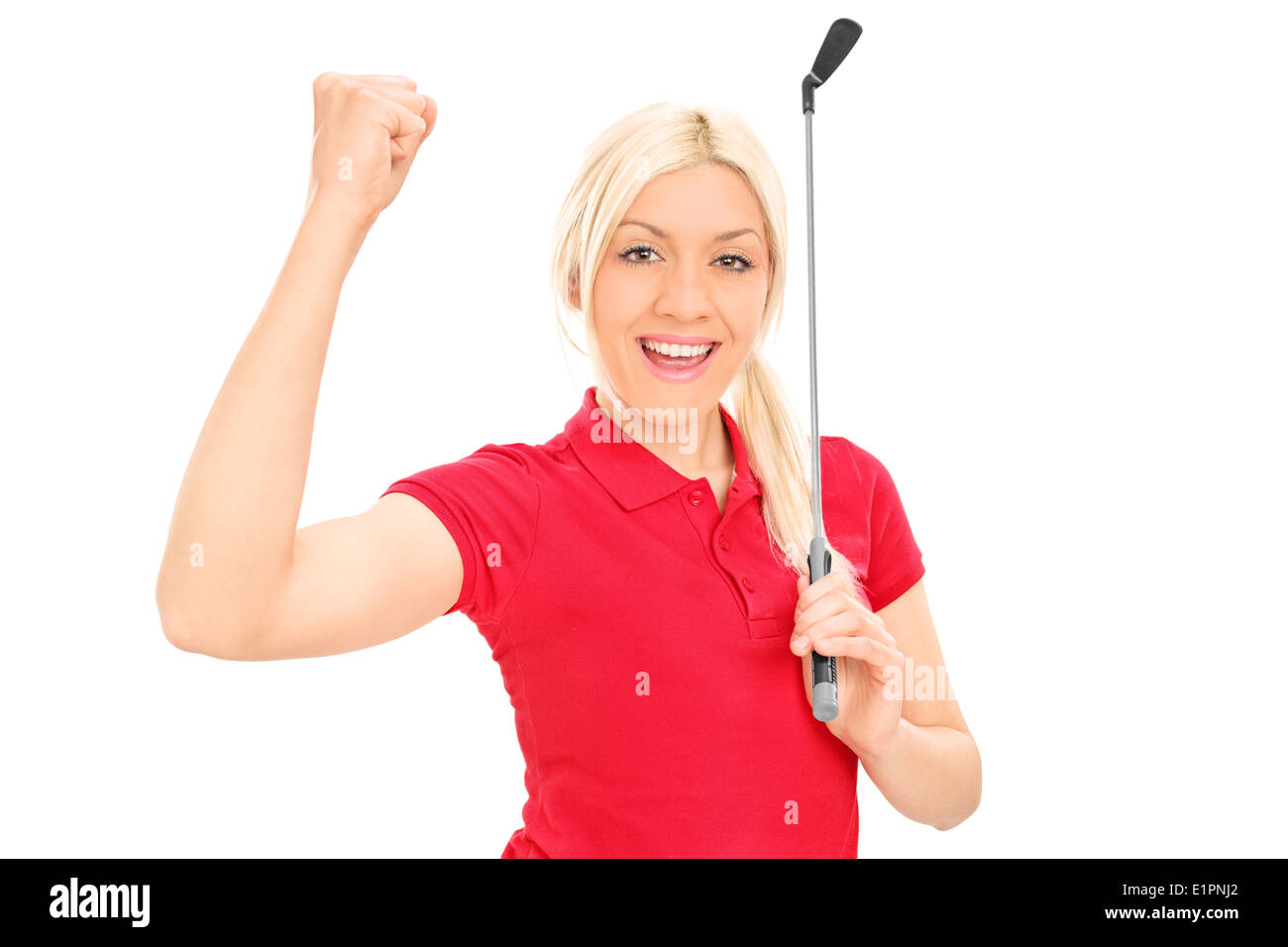 Giocatore di golf femminile celebrando la vittoria Foto Stock