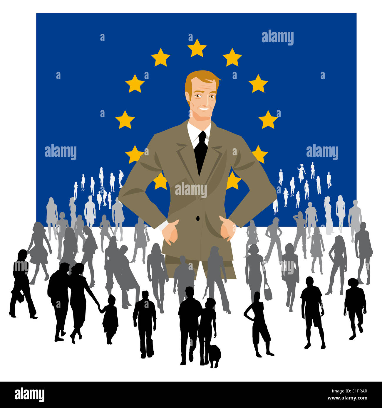 Un politico su una bandiera europea con una folla di gente in occasione delle elezioni europee Foto Stock