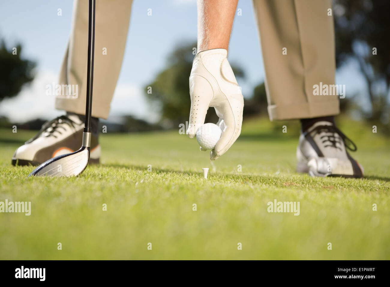 Il Golfer posizionando la pallina da golf sul raccordo a T Foto Stock