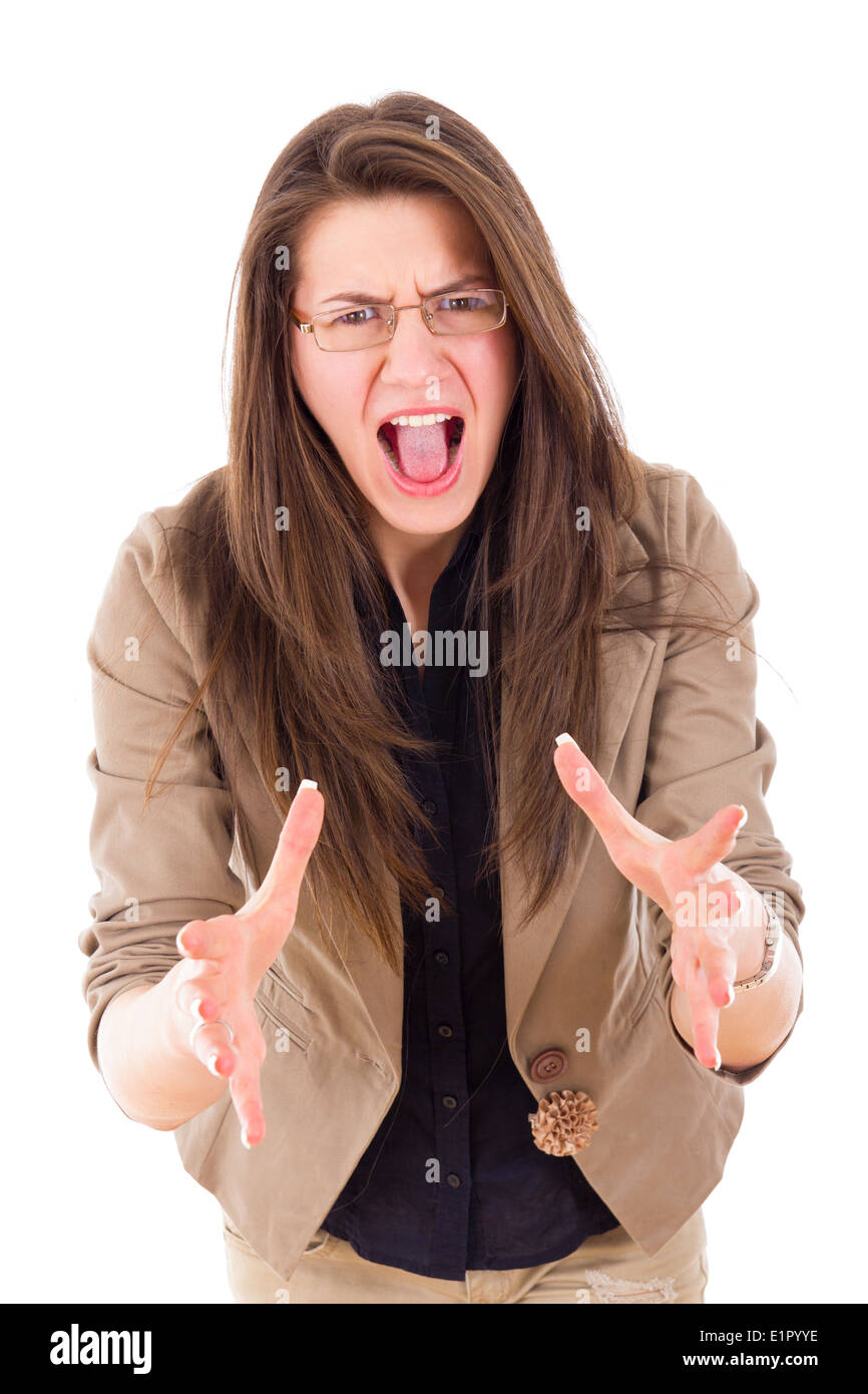 Sottolineato business donna con gli occhiali gridando in frustrazione Foto Stock