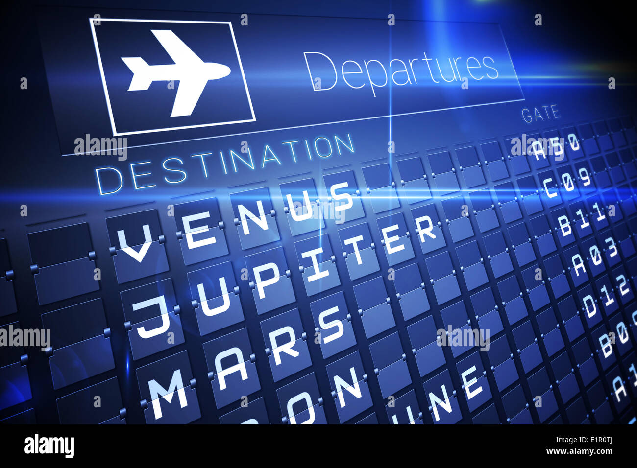 Blu scheda di partenze per i viaggi nello spazio Foto Stock