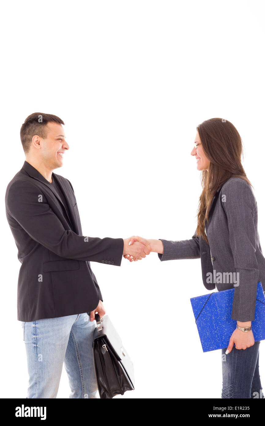 Imprenditore e imprenditrice stringono le mani nel corso di una trattativa Foto Stock