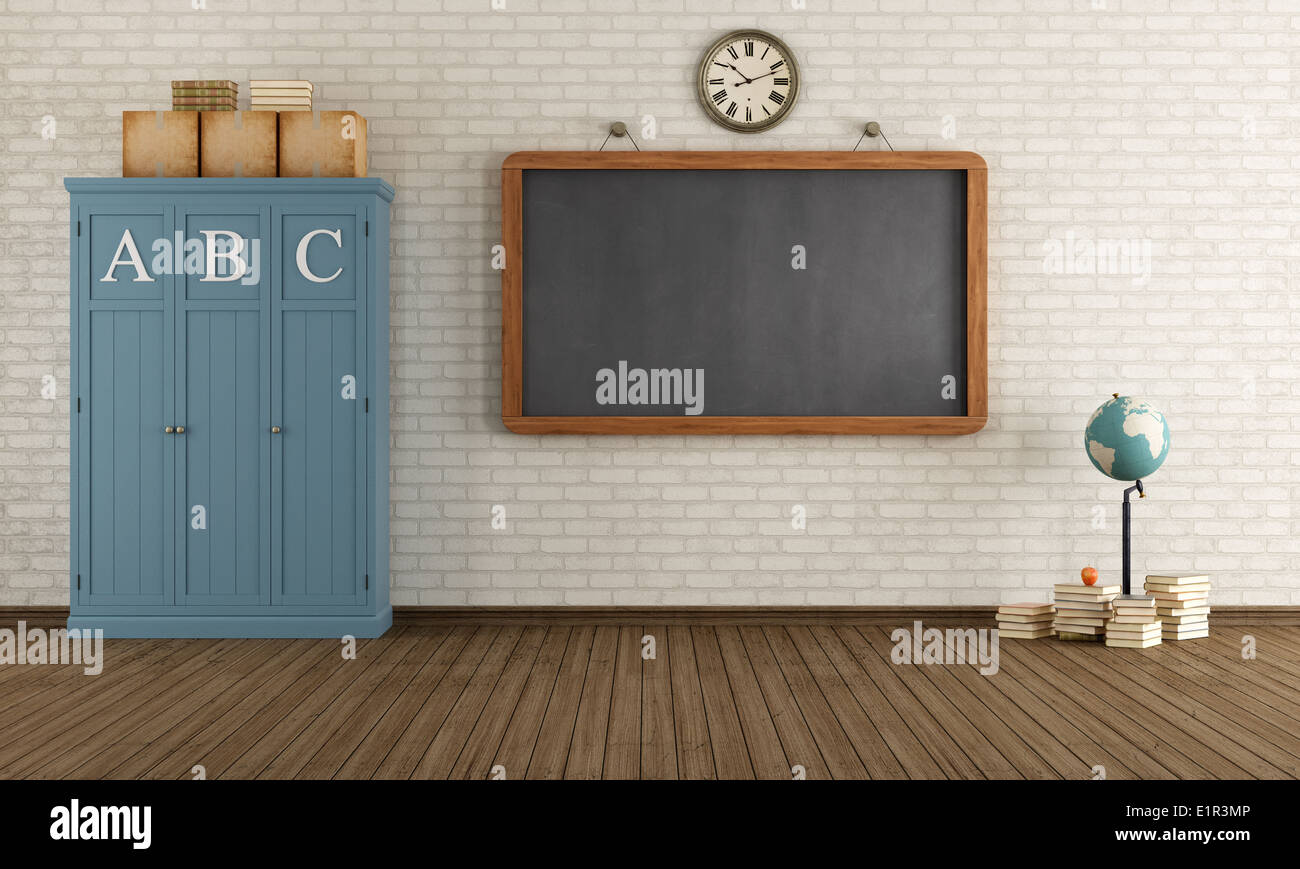 Vintage aula con lavagna e cabinet in legno - il rendering Foto Stock