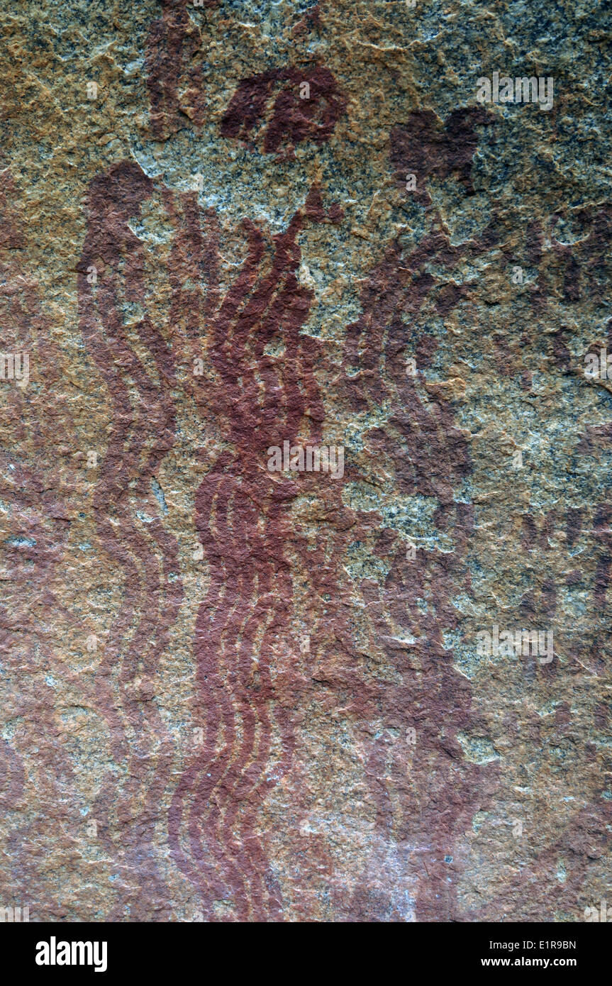 Antica arte rupestre degli Aborigeni verticale comprendente linee ondulate, Wolga Rock, regione di Murchison, Australia occidentale Foto Stock