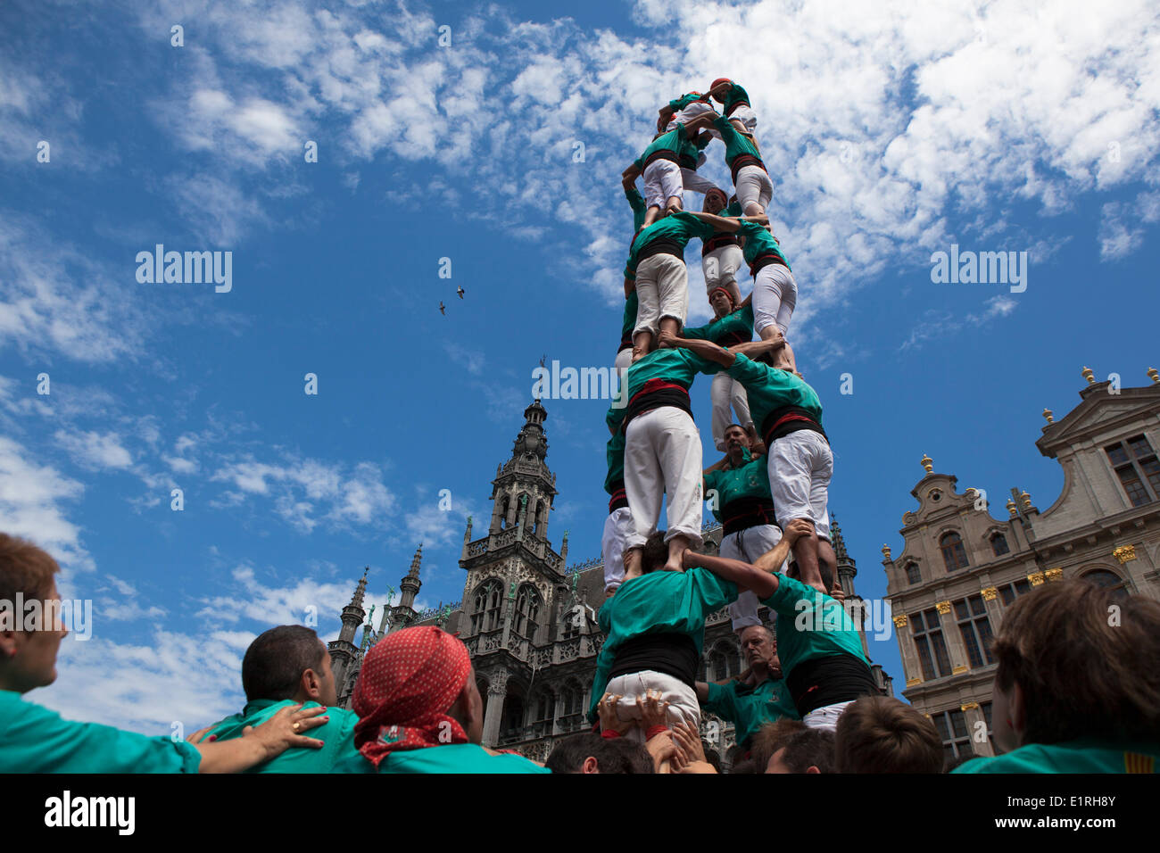 Bruxelles, Belgio. 8 Giugno, 2014. Castellers de Vilafranca costruendo un Castell, tradizionale o torre umana, nella Grand Place di Bruxelles, 8 giugno 2014 come parte di un giorno o le azioni in tutta Europa per chiedere il catalano indipendenza dalla Spagna. Un referendum sulla questione è stato chiamato per il 9 novembre 2014, ma viene bloccato dal governo spagnolo. Simili eventi castell stavano aiutando a Berlino, Ginevra, Lisbona, Londra, Parigi, Roma e Barcellona. Credito: deadlyphoto.com/Alamy Live News Foto Stock