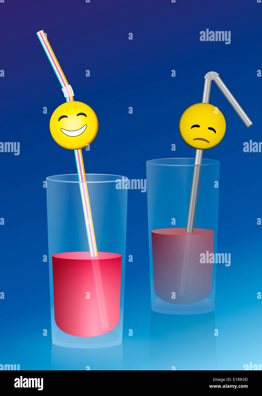 Mezzo bicchiere pieno con una faccina felice su una cannuccia e un mezzo bicchiere vuoto con una faccina triste - positiva e negativa di pensare. Foto Stock