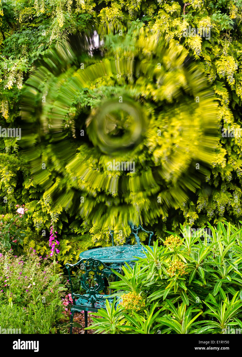 Metallo verde mobili da giardino fotografata attraverso un occhio di bue finestra. Foto Stock