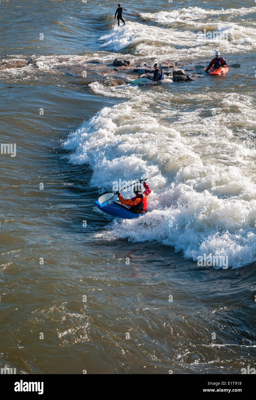 Montana, Missoula, Fiume Clark Fork, rapids vicino al centro cittadino, kayaker, surfer Foto Stock