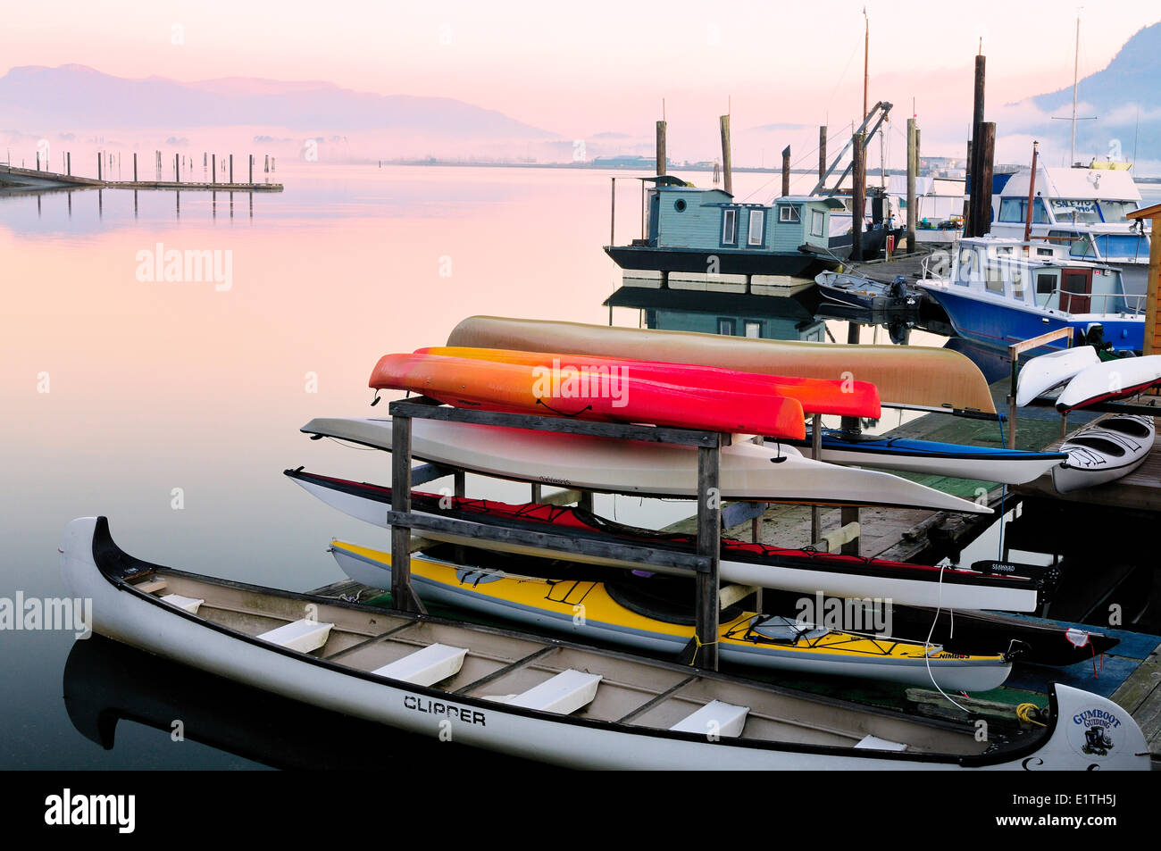 Docks, canoe e kayak e case di flottazione sedersi al regime minimo di un porto turistico nella baia di Cowichan, BC. Foto Stock