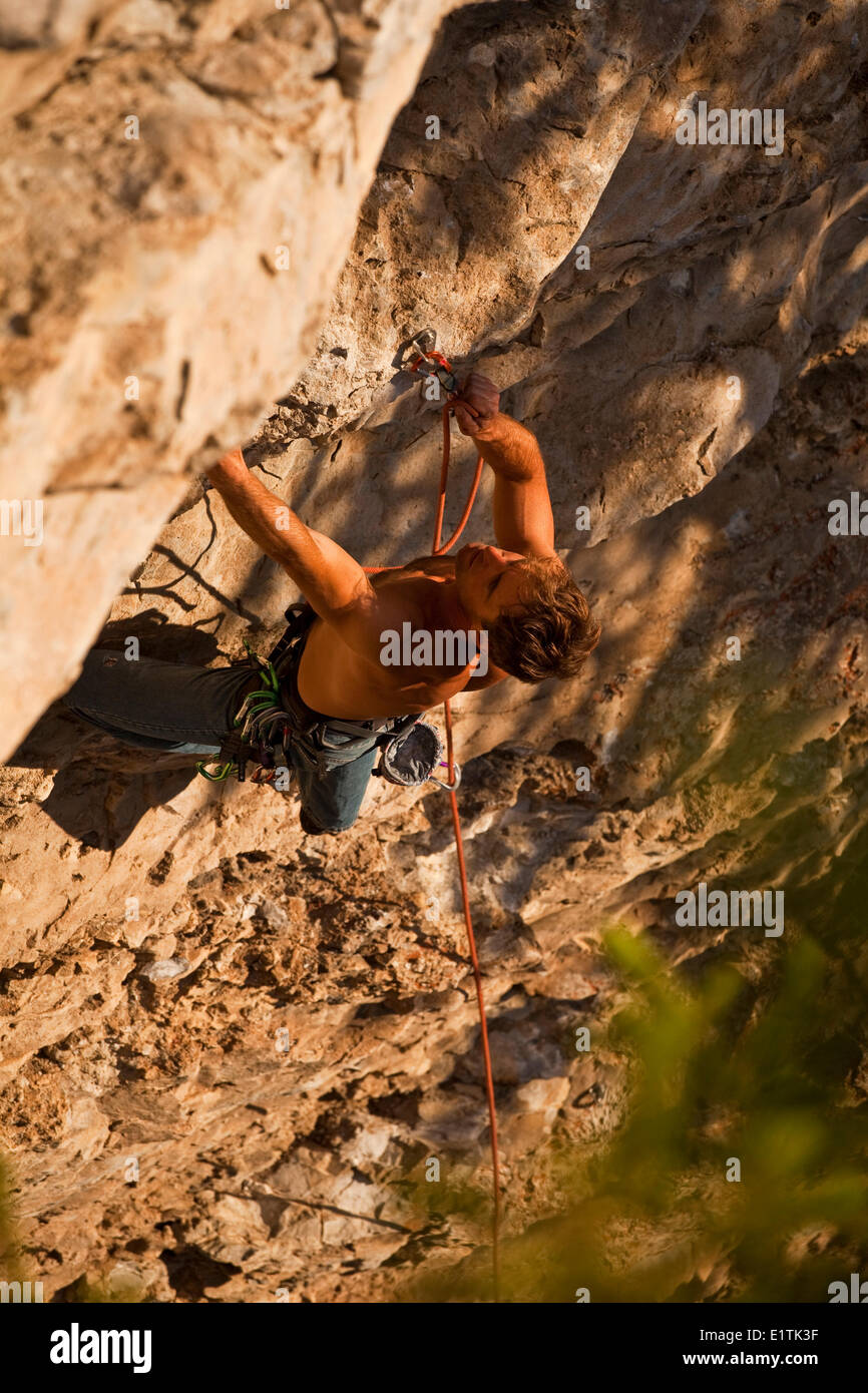 Un uomo rock si arrampica lo sport percorso polvere Peyto 12a, Echo Canyon, Canmore, Alberta, Canada Foto Stock
