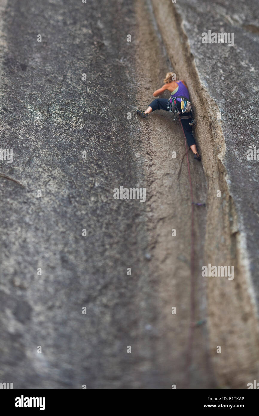 Un forte scalatore femmina si arrampica su un angolo di crack, Caboose 10b, Squamish, BC Foto Stock