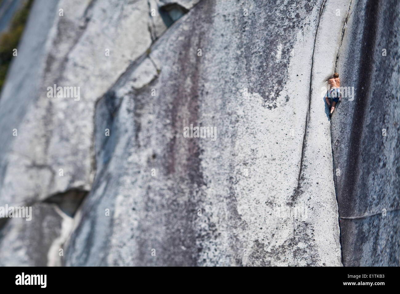 Un forte scalatore maschio della mezzaluna di arrampicata Crack 10d, Squamish, BC Foto Stock