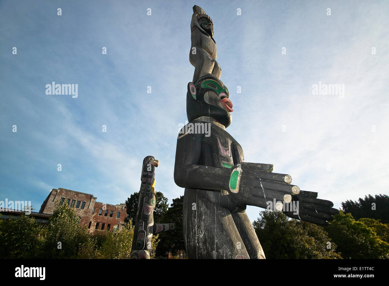 Bellissimi esempi di totem, Isola di cormorani nel villaggio di Alert Bay, Alert Bay, British Columbia, Canada Foto Stock