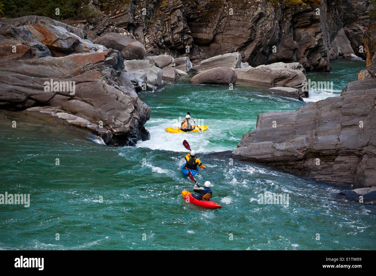 Un gruppo di kayakers in testa nel canyon sul fiume Fraser, Mt Robson Provinical Park, BC Foto Stock