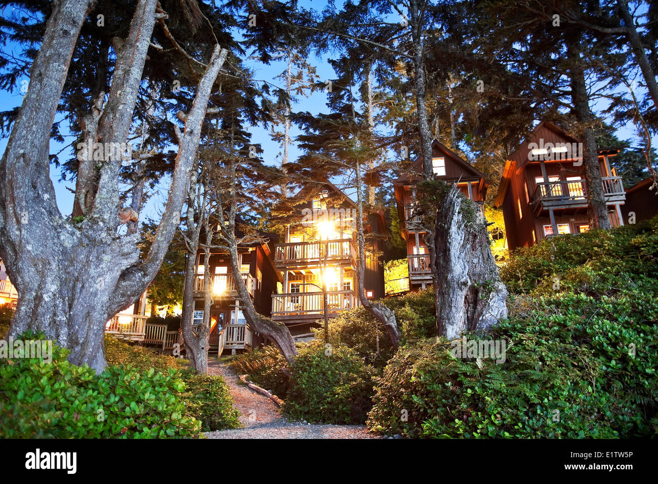 Vacanze cabine, Ucluelet, Isola di Vancouver, British Columbia, Canada Foto Stock