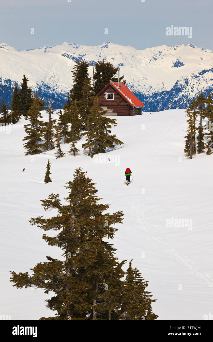 Uno sciatore ascende il sentiero a Mt. Steele cabina in Tetrahedron Parco Provinciale sulla Costa del Sole della Columbia britannica in Canada. Foto Stock