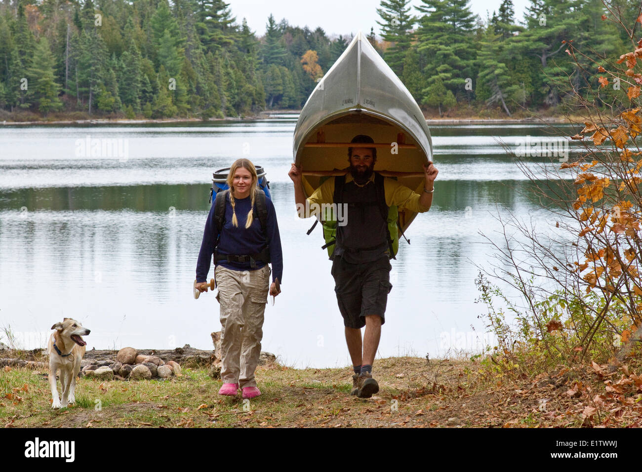 Coppia giovane portage canoa da piccolo lago nel nordovest della fine del Algonquin Park, Ontario, Canada. Foto Stock