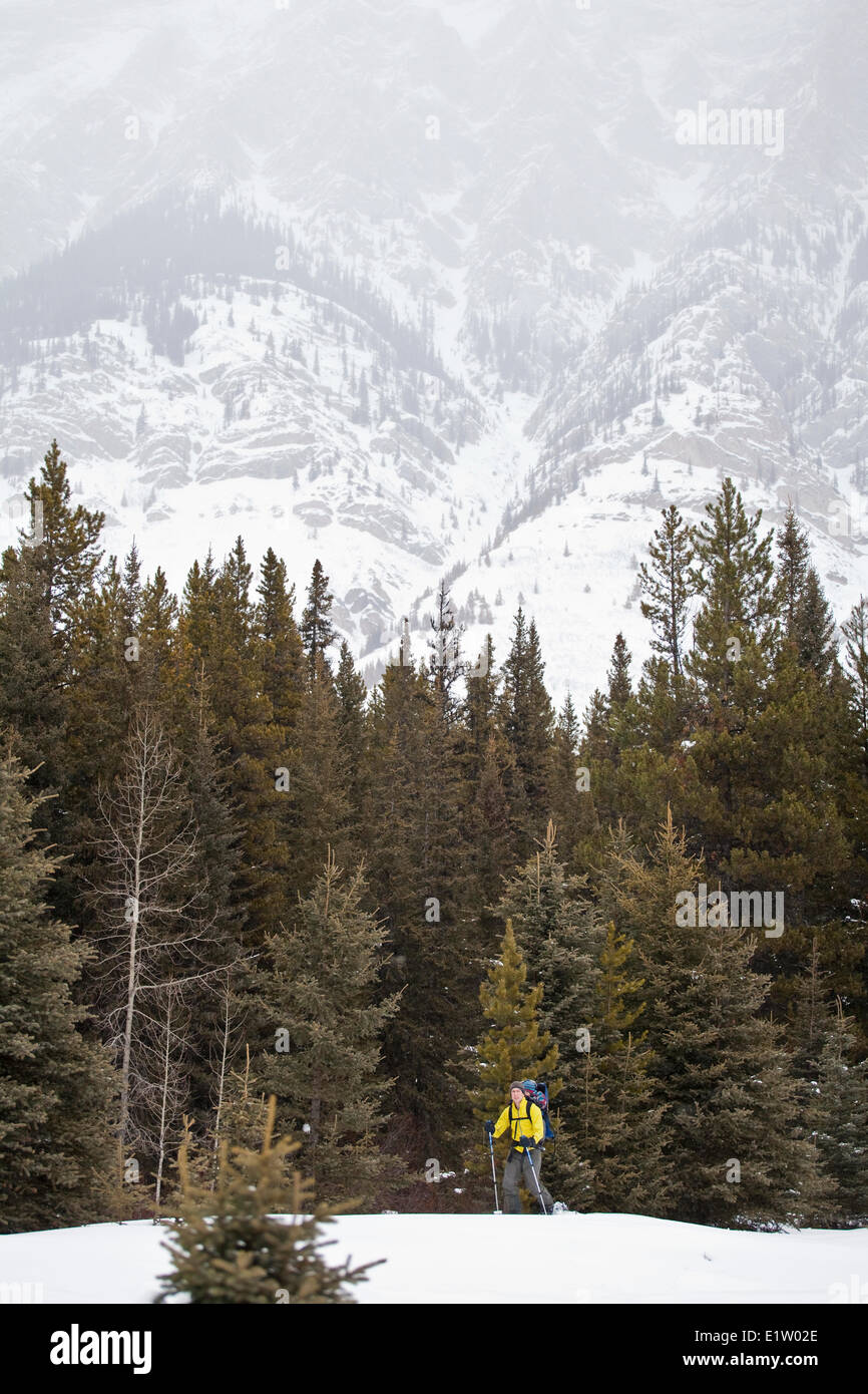 Un padre e un bambino di neonato andando per le racchette da neve a Peter Lougheed Parco Provinciale, Kananaskis AB Foto Stock