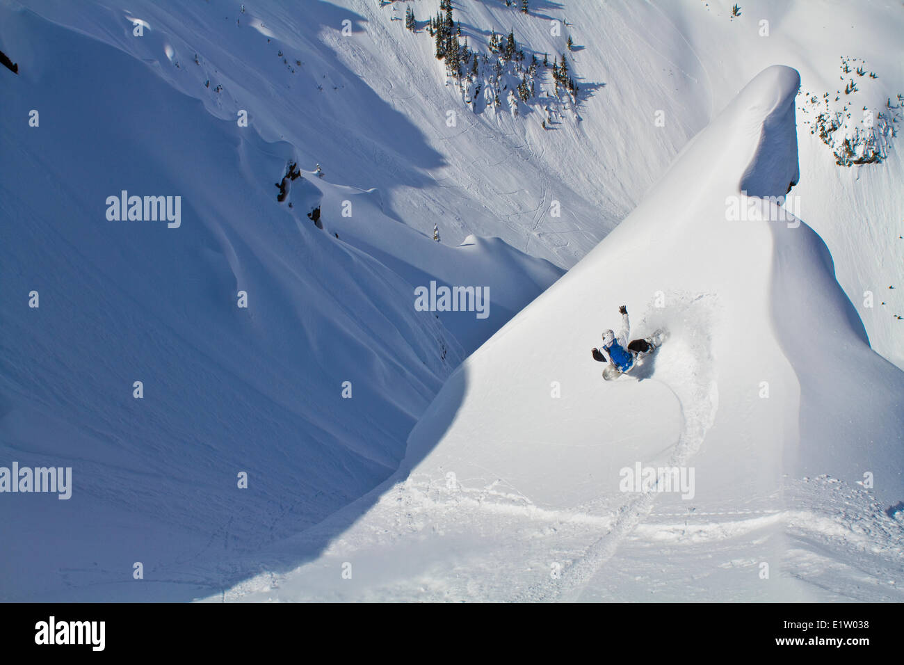 Un maschio splitboarder spray esposta una linea nel terreno a valanga, Revelstoke Mountain Resort backcountry, BC Foto Stock