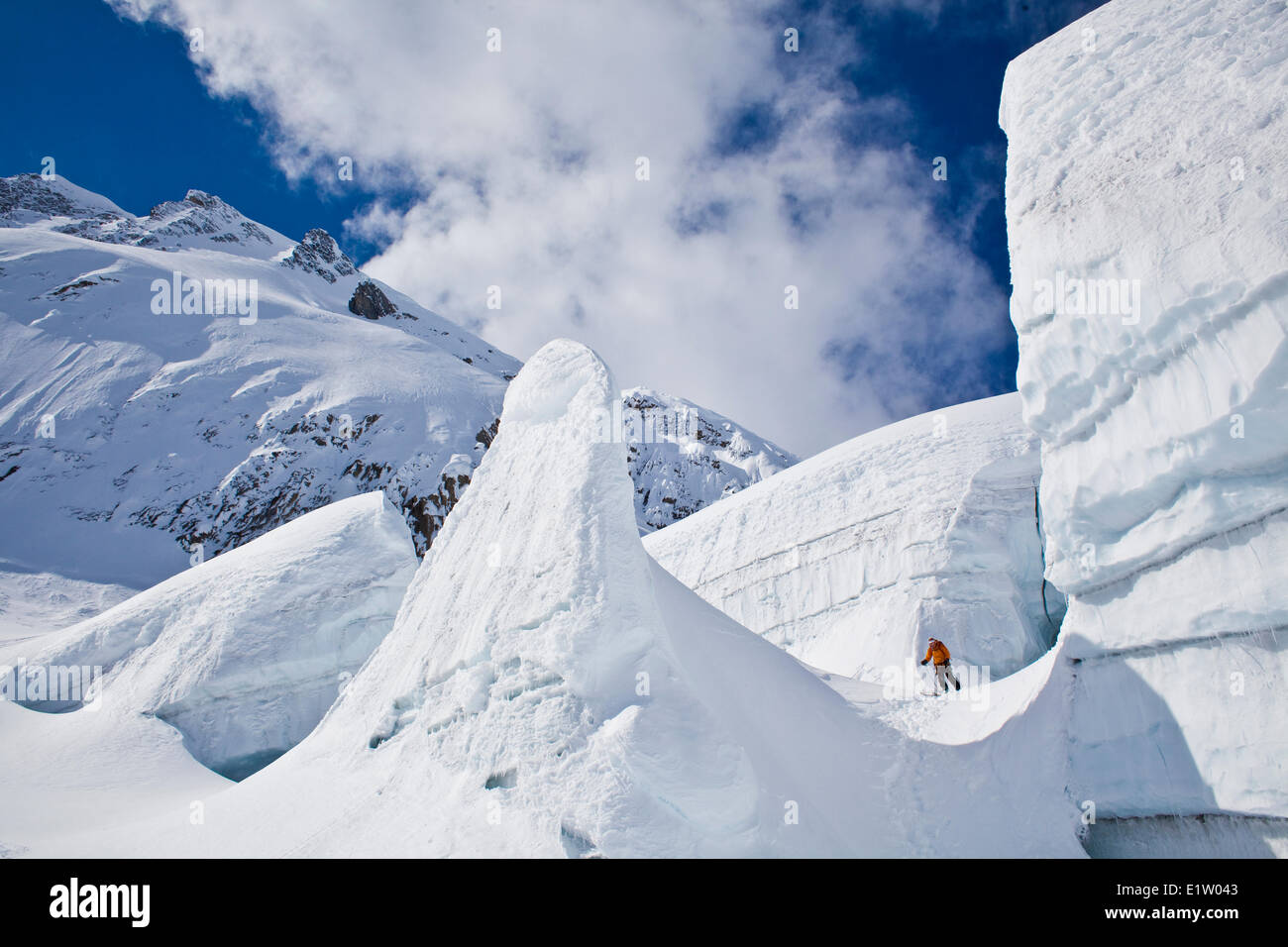 Un backcountry rider touring fino a fortemente crevassed ghiacciaio al ghiacciaio Lodge, Canadian Rockies, Golden, BC Foto Stock