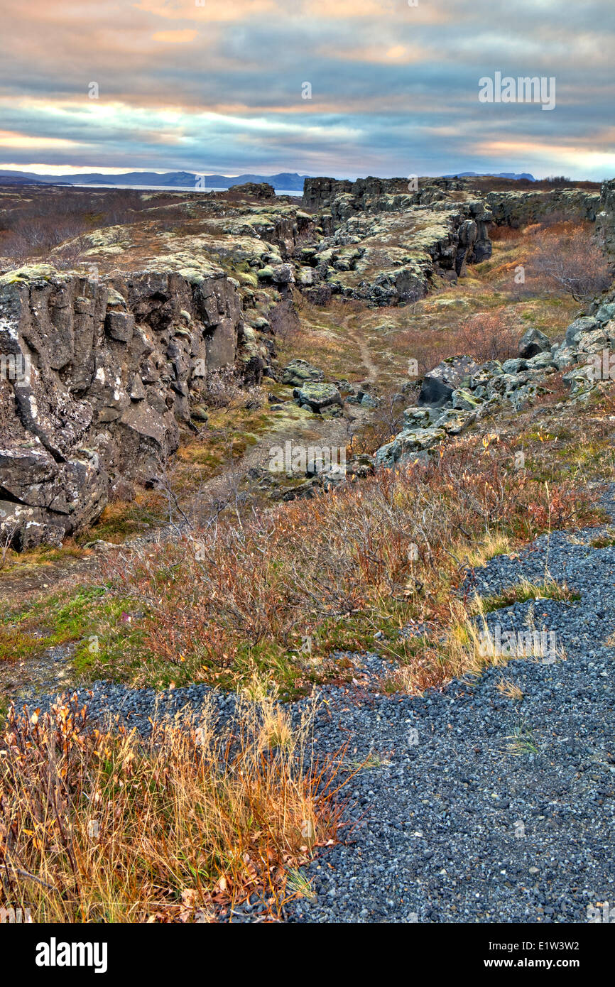 Pingvellir dove l'Eurasia e Nord America soddisfano le piastre, Islanda Foto Stock