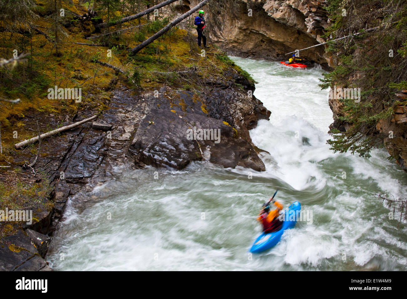 Un maschio di kayaker la caduta di una cascata su Johnston Canyon, il Parco Nazionale di Banff, AB Foto Stock