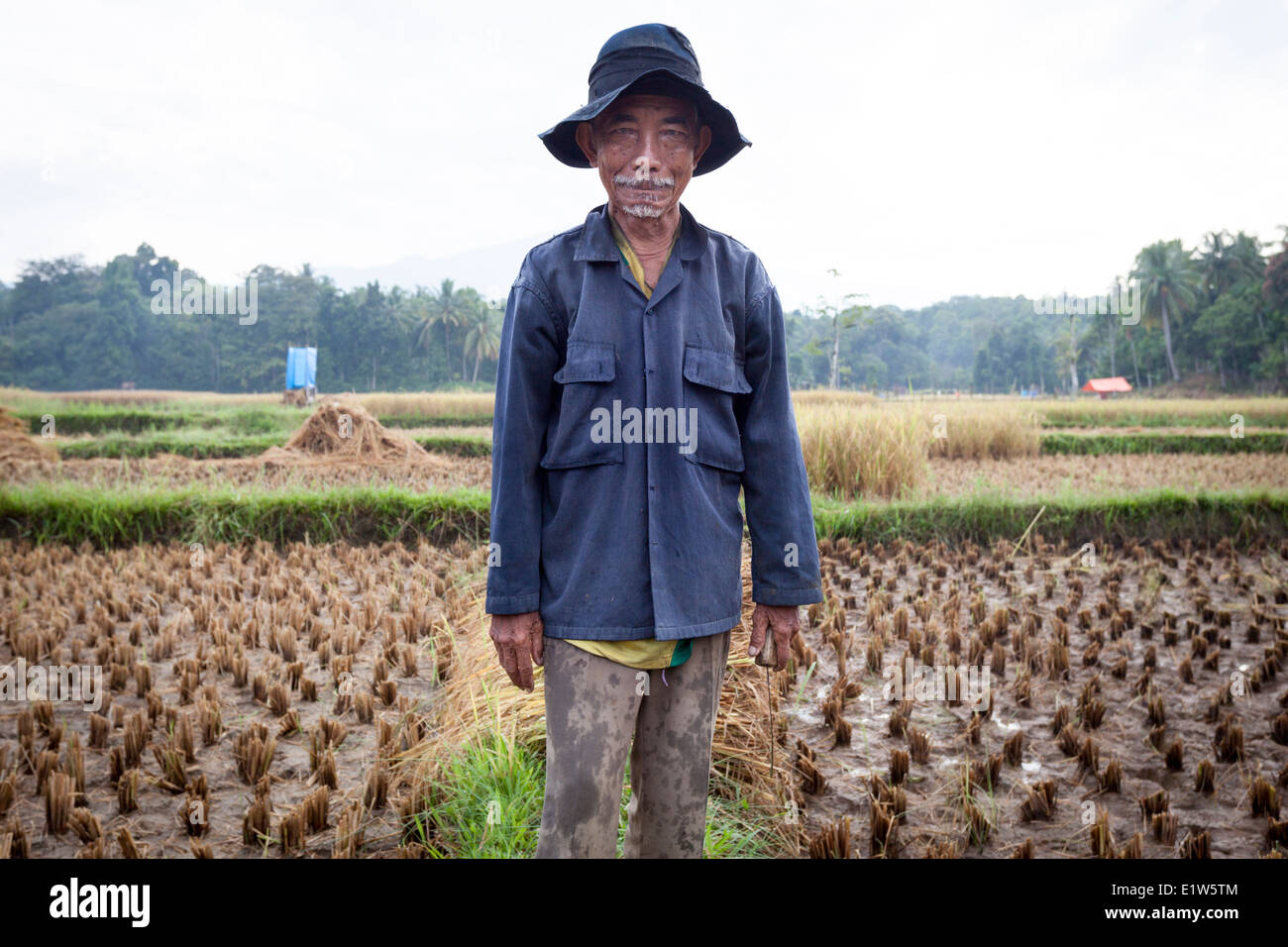 Un campo di riso lavoratore pause per ottenere la sua immagine scattata, Lampung, Indonesia. Foto Stock