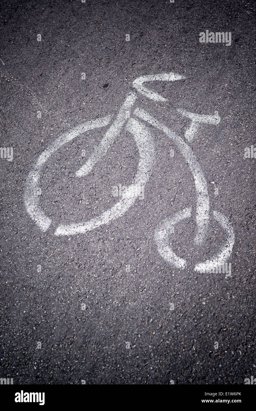 Bicicletta road mark. Segno bianco per la pista ciclabile circondato da erba nel parco. Foto Stock