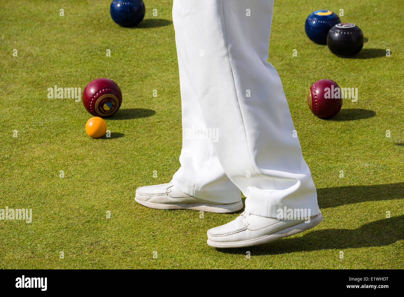 Un Bowler osserva i 'Jack' durante un gioco di bocce su prato al sole su un bowling green NEL REGNO UNITO. Foto Stock