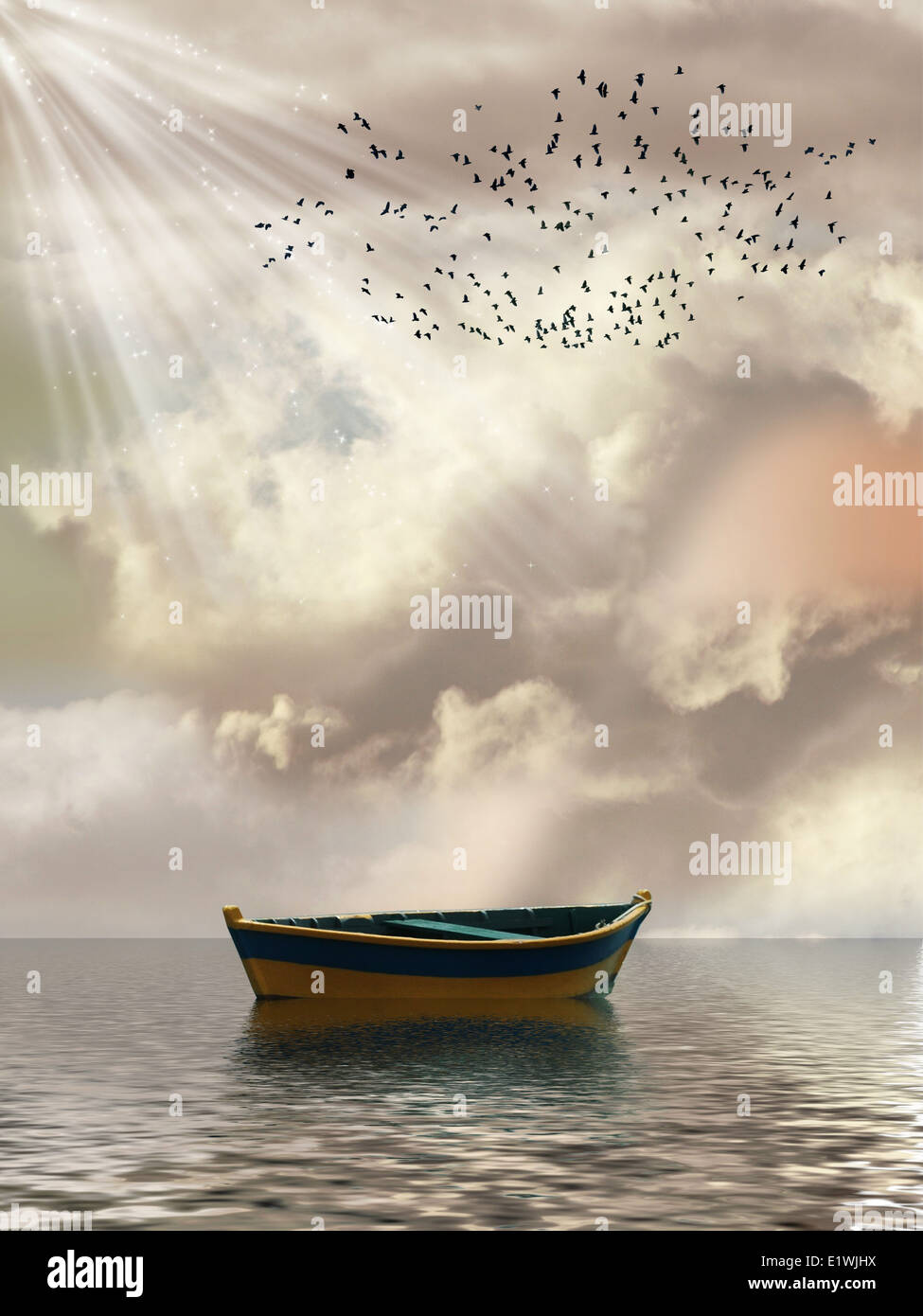 Paesaggio di fantasia nel mare con barca e uccelli Foto Stock