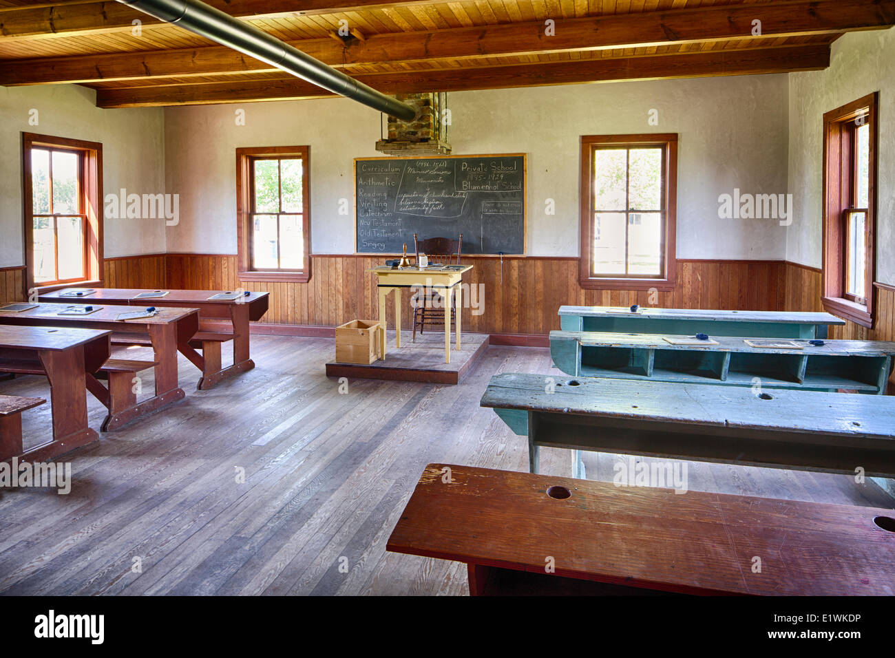 Una camera scuola mennonita, Mennonita Heritage Village, Steinbach, Manitoba, Canada Foto Stock