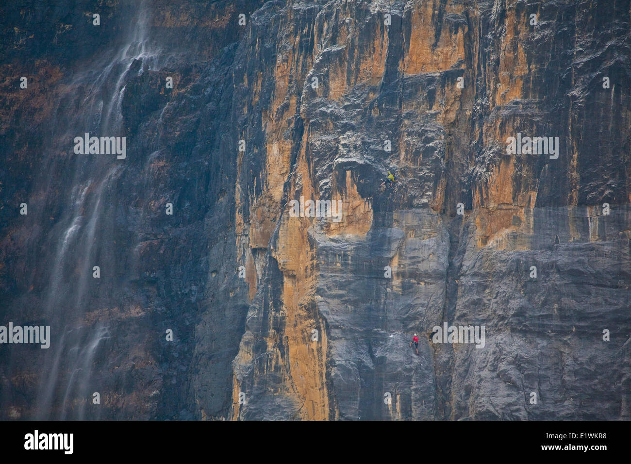 Due alpinisti maschio arrampicata nuovo multi pitch percorso sulla stanley headwall, Kootenay National Park, BC Foto Stock