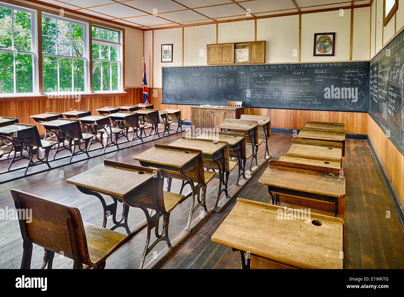Una camera la scuola a Mennonite Heritage Village, Steinbach, Manitoba, Canada Foto Stock