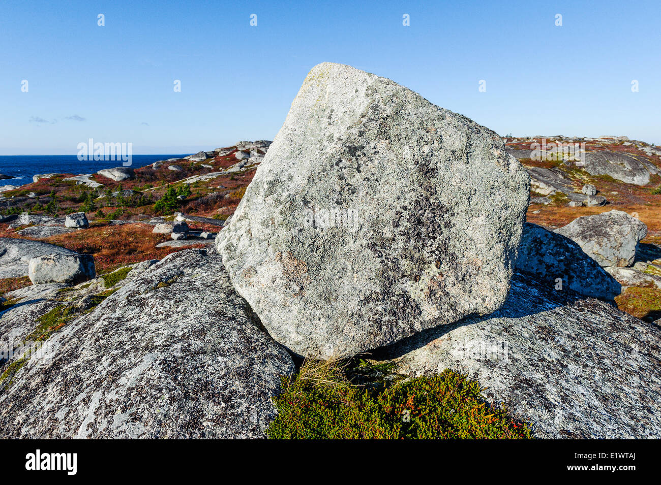Devoniano massi di granito. Oceano atlantico costa. Peggys Cove Area di Conservazione, Nova Scotia. In Canada. Foto Stock