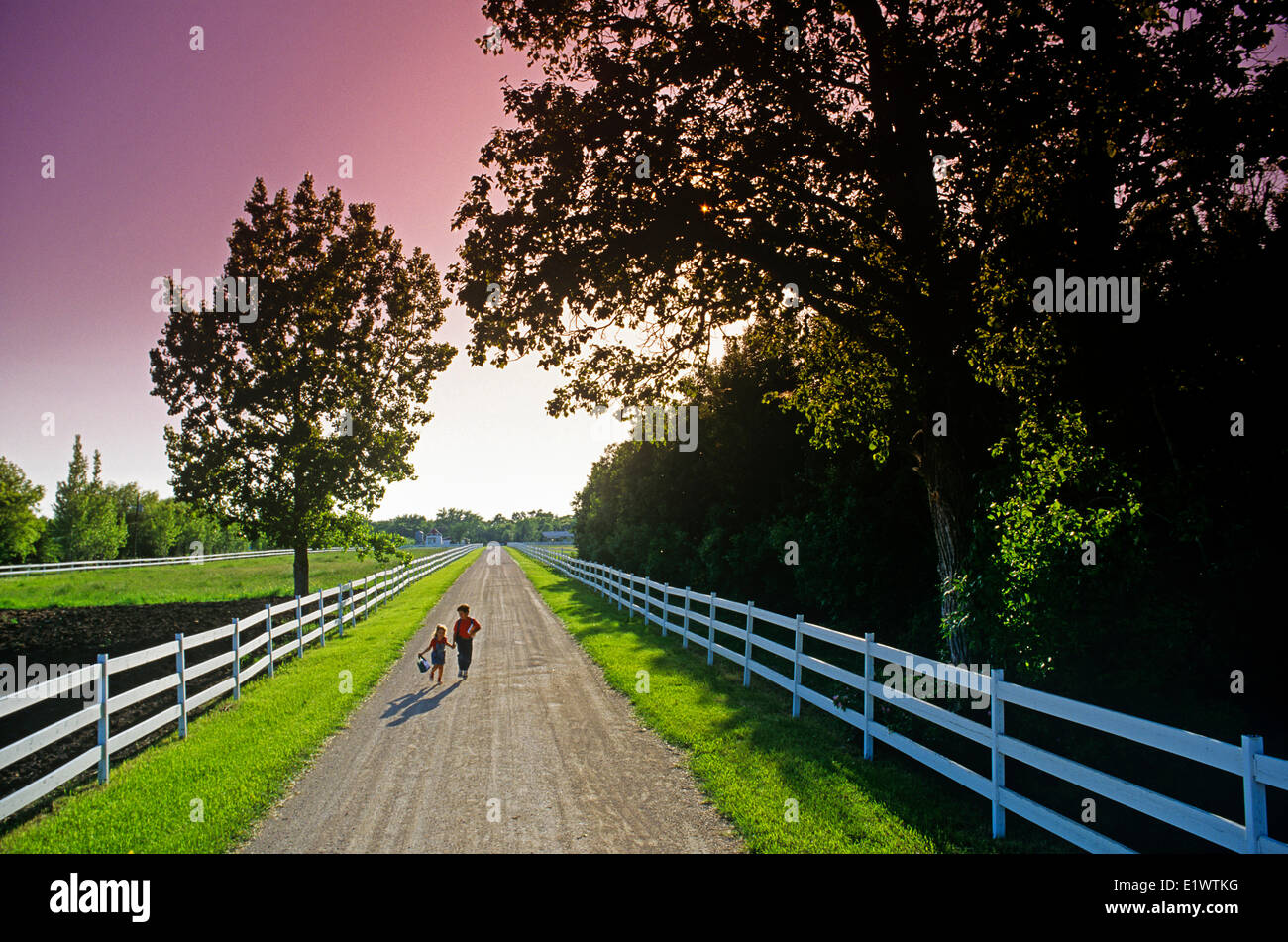 Due Agriturismi bambini correre giù per una strada di campagna sulla loro strada per la scuola, nei pressi del Grande Pointe, Manitoba, Canada Foto Stock