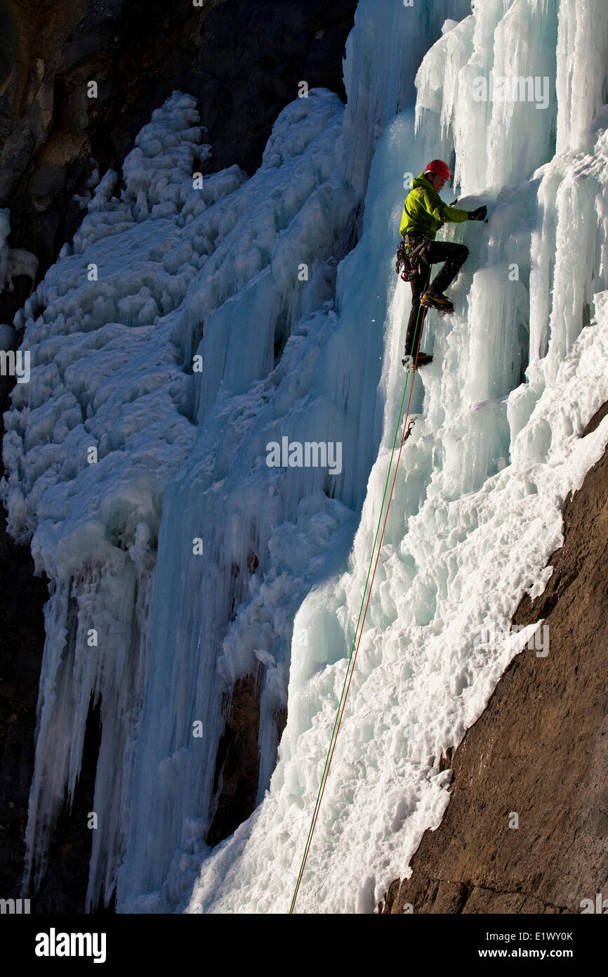 Un maschio ice climber lavora per la sua strada la bella e soleggiata ice salita denominata fungo maligno WI5 in Ghost River Valley, AB Foto Stock