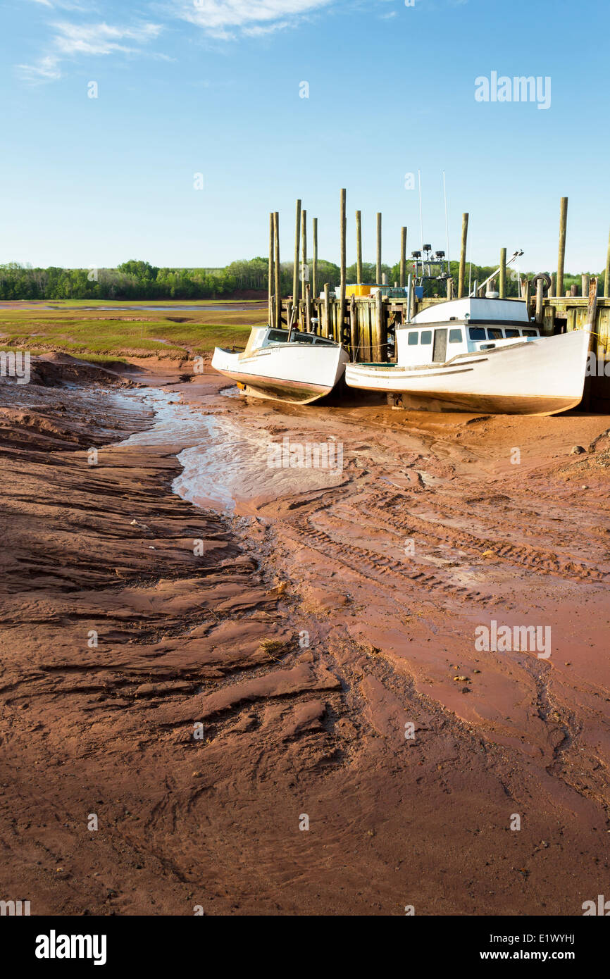Barche da pesca a bassa marea, Pereau, Baia di Fundy, Nova Scotia, Canada Foto Stock