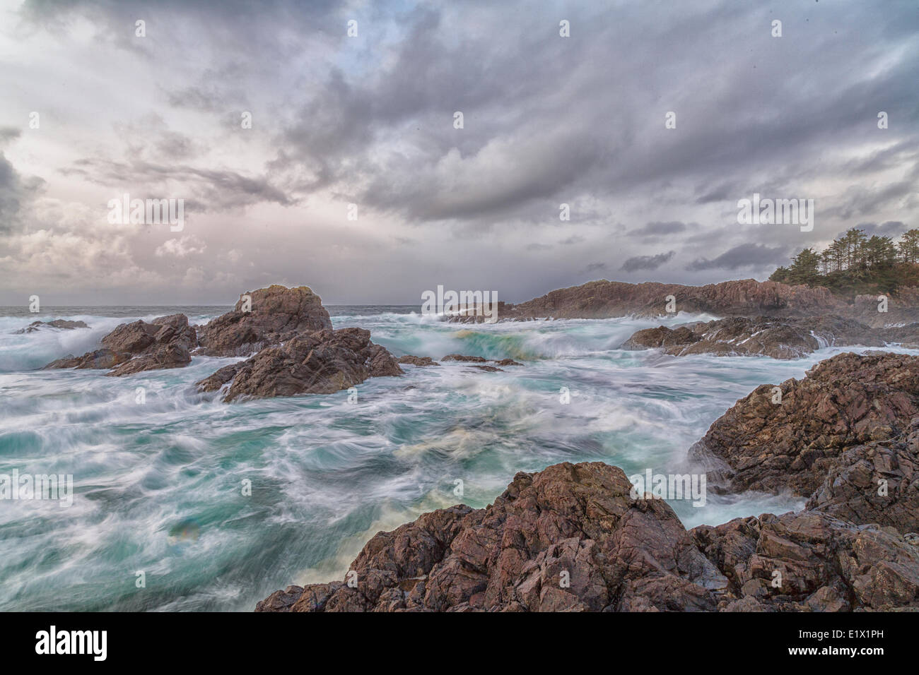 Il selvaggio Oceano Pacifico come visto lungo la Wild Pacific Trail, Ucluelet, British Columbia, Canada. Foto Stock