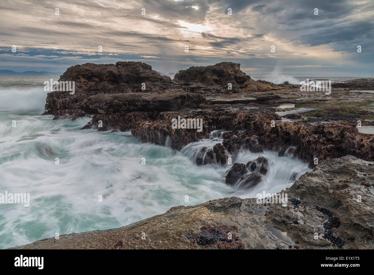 Il lavaggio delle onde sulle rocce sulla spiaggia di botanica, Port Renfrew, Isola di Vancouver, British Columbia, Canada. Foto Stock