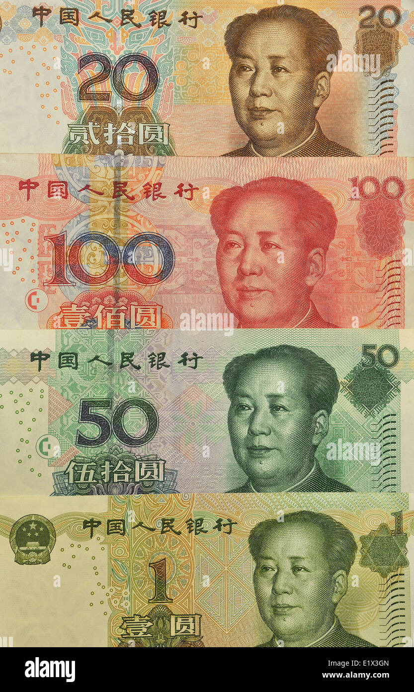Valuta cinese 1 20 50 100 yuan note Foto Stock