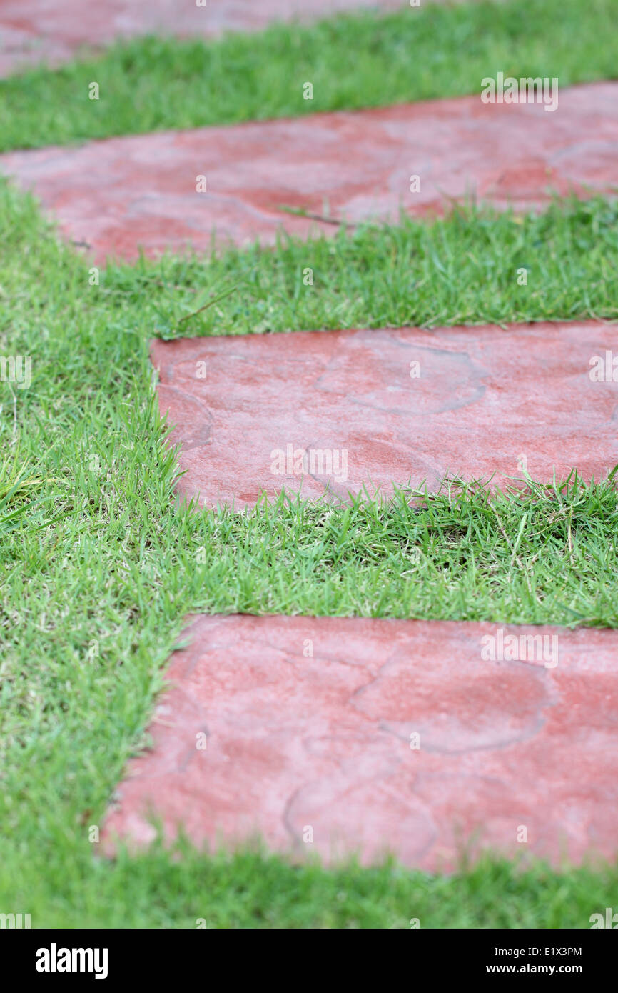 Lastra di pietra rossa sul prato in giardino. Foto Stock