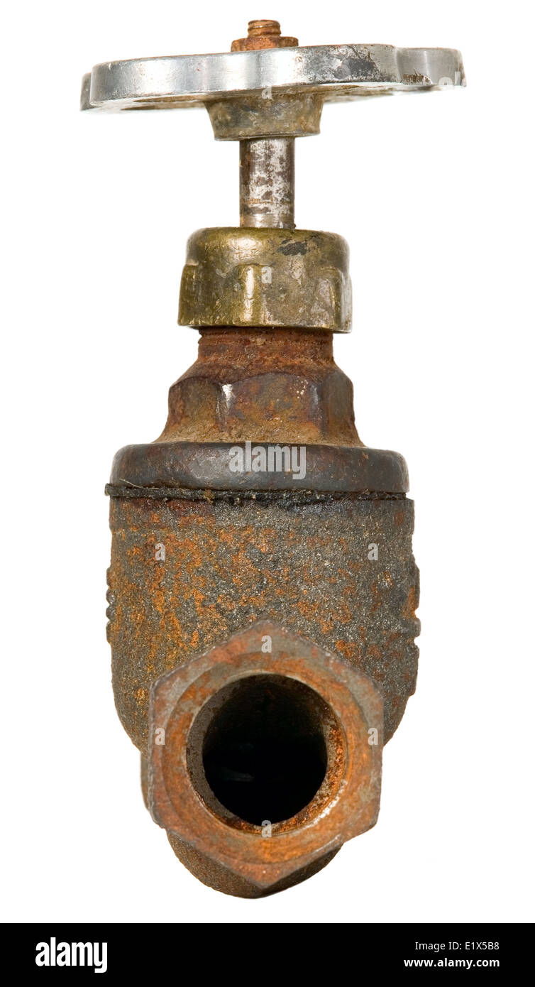 Vecchio arrugginito tubo marrone con gru industriali attrezzo idraulico Foto Stock