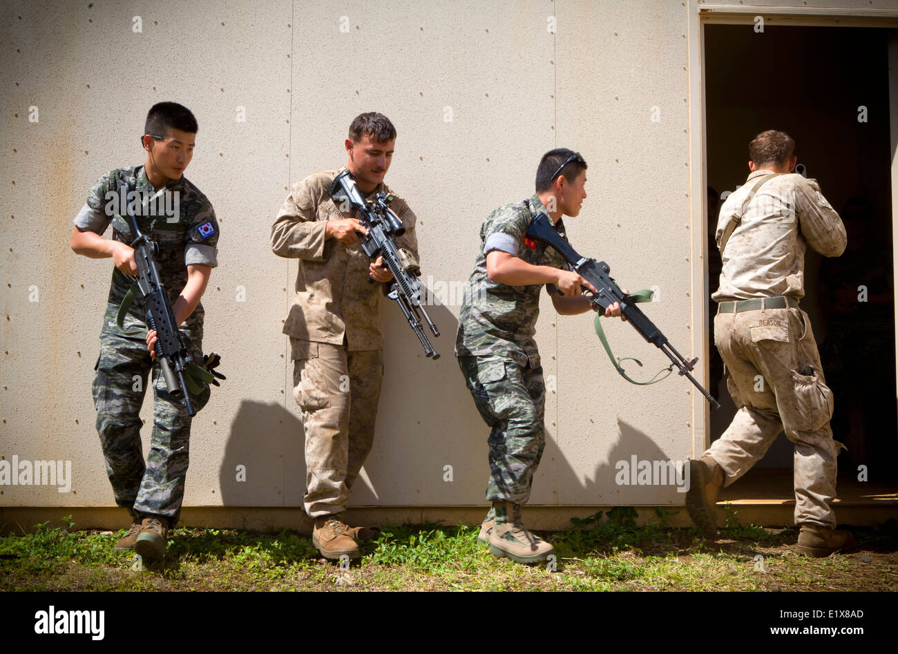 Repubblica di Corea Marines addestramento sulle camere di compensazione con noi Marines dal 3° Reggimento Marine al Boondocker Area Formazione 27 maggio 2014 presso la Marine Corps base Hawaii. Foto Stock