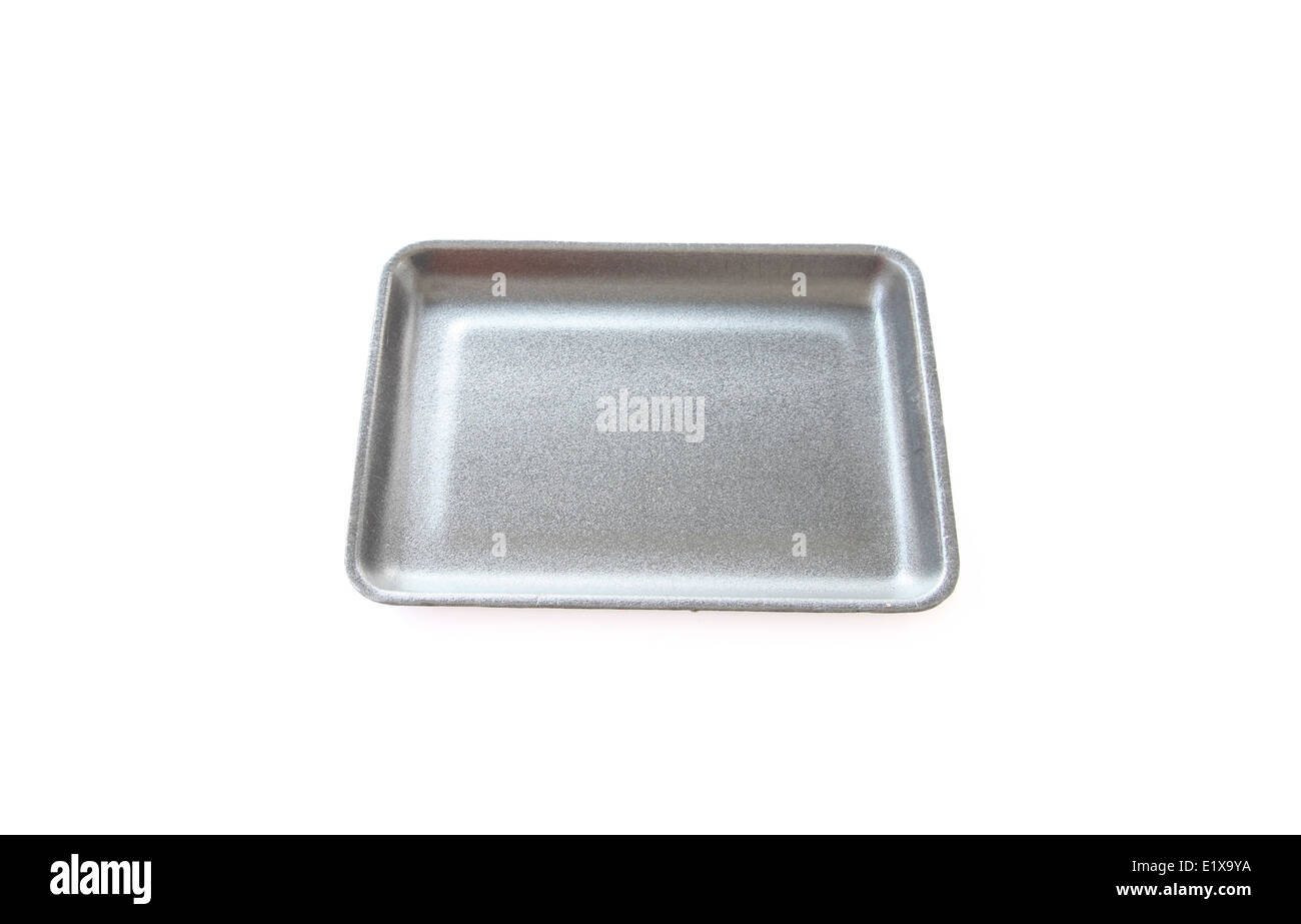 Nero a svuotare il vassoio per alimenti o prodotti alimentari di schiuma contenitore isolato su sfondo bianco. Foto Stock