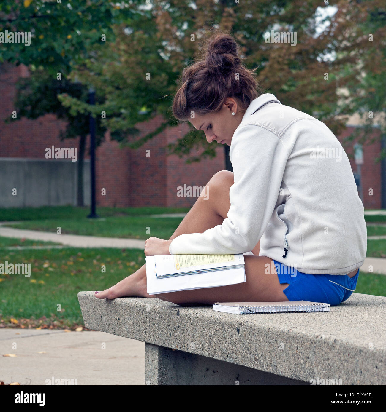 Una donna studi il suo libro al di fuori del campus della University of Wisconsin - Milwaukee. Foto Stock