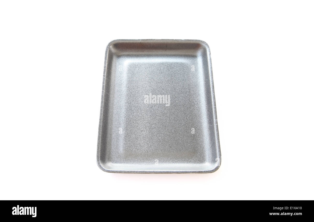 Nero a svuotare il vassoio per alimenti o prodotti alimentari di schiuma contenitore isolato su sfondo bianco. Foto Stock