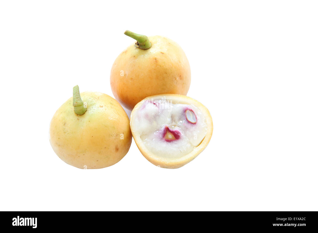 Baccaurea ramiflora o uva birmano pelatura su sfondo bianco. Foto Stock