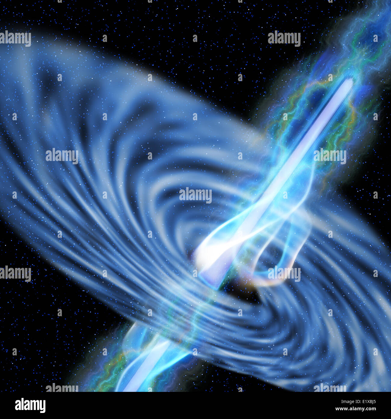 Uno stellare buco nero emette flussi di plasma dal suo orizzonte di evento. Foto Stock